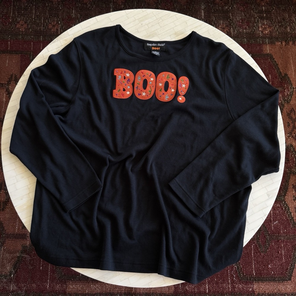 Vintage Y2k Sz Plus 2X Halloween Shirt Boo! Confetti Applique Party L/S Tee Goth